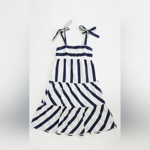 MSK Striped Sundress Navy White Tie Strap Tiered Midi Dress M.